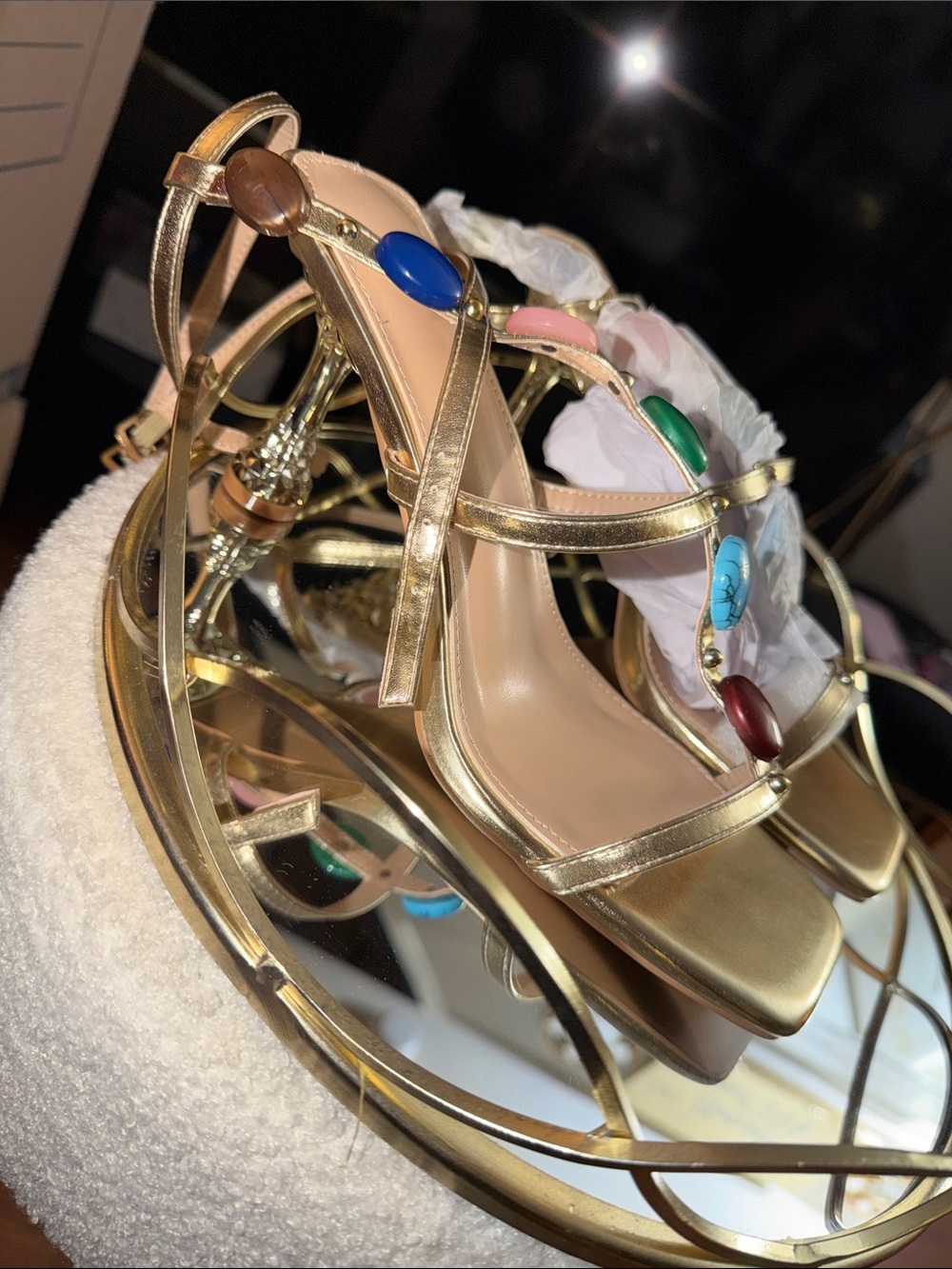 Gold Strappy Women's Sandals with Multicolor Gem Accents